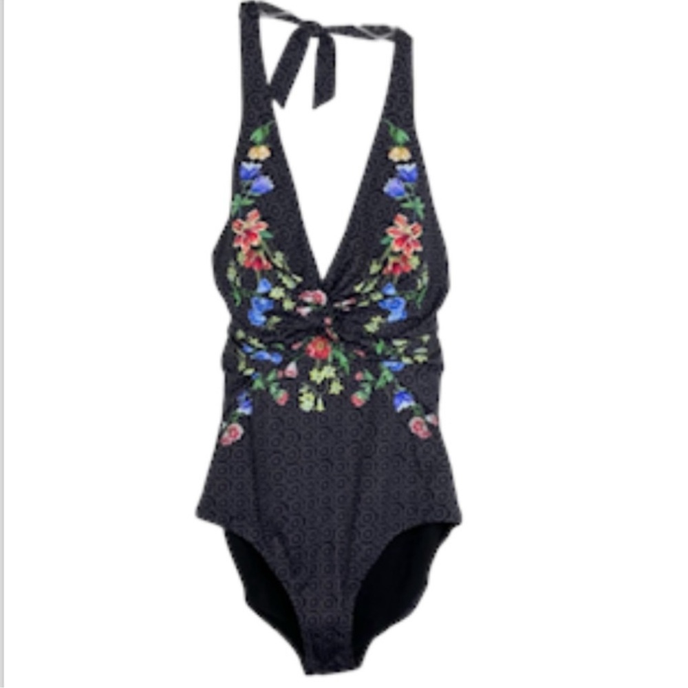 JOHNNY WAS Colorful Floral One Piece Halter Swimsuit Dark Gray Black NEW Size 2X